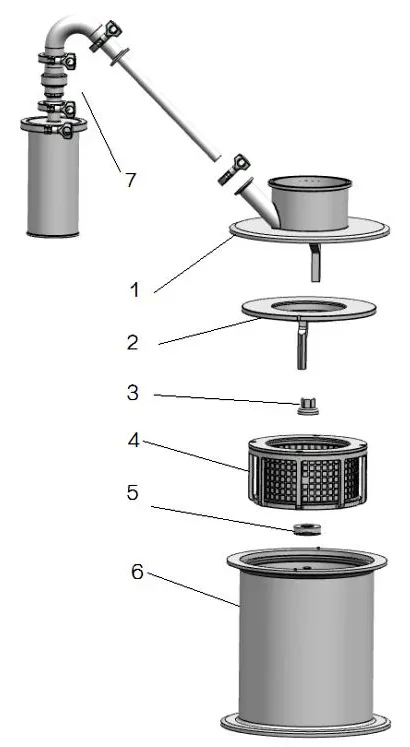 Exploded view of centrifugal sifter sieve and rotor parts