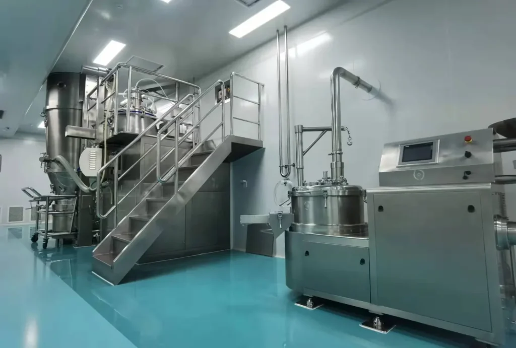 Equipment line with access platform in workshop