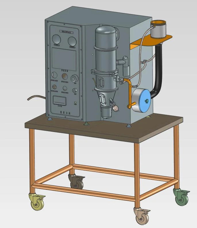 Hot melt spray coating system with mini fluid bed on mobile cart