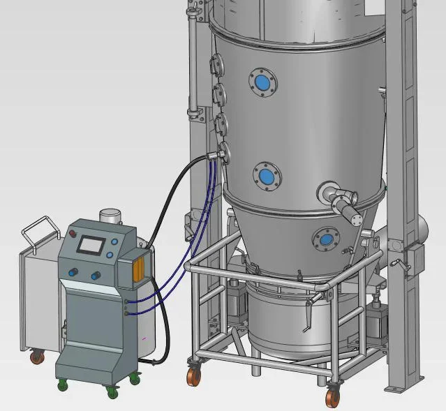 Hot melt spray coating system with production fluid bed dryer